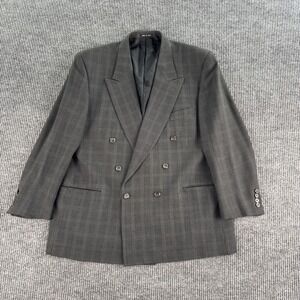 Joseph Abboud Suit Jacket 46 R Gray Wool Double Breasted Windowpane Overcheck